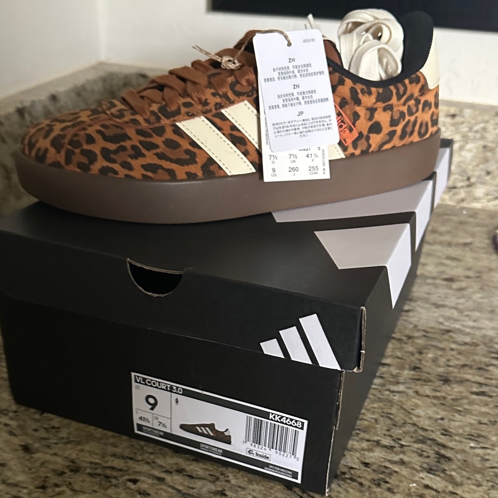 NWT Adidas Brown Leopard Sneakers, Size 9